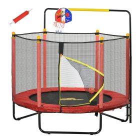 Kids Indoor Trampoline Combo with Safety Net Enclosure, Basketball Hoop, and Horizontal Bar, Red